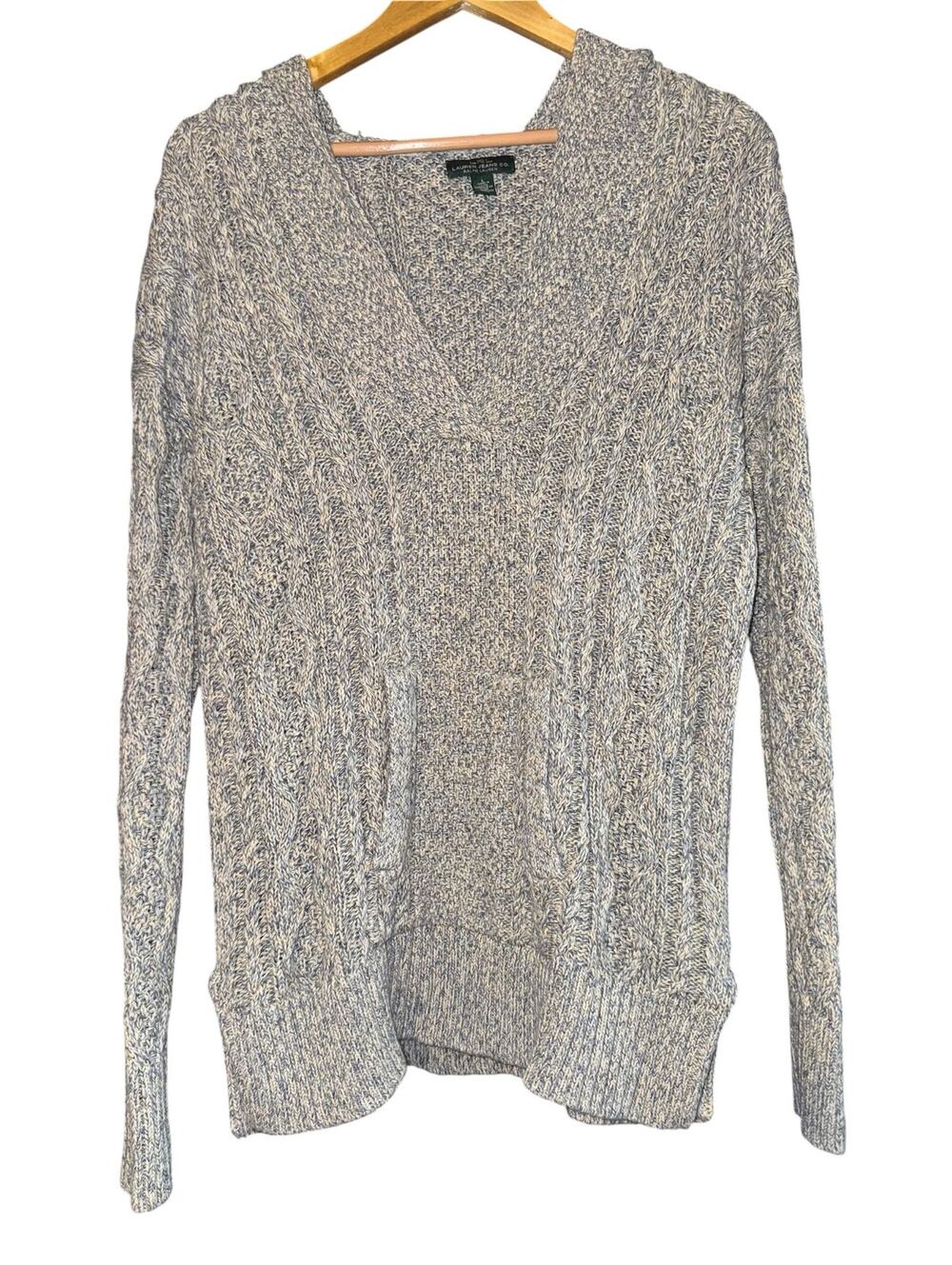 Vintage Lauren Ralph Lauren Cable Knit Hooded Sweater Womens L Fall Cozy Chunky